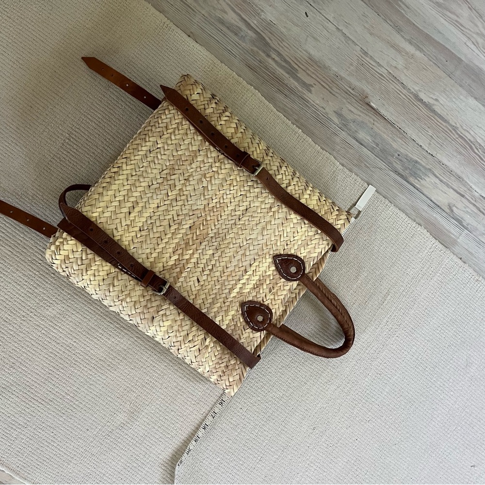 Woven Straw Backpack Tote with Brown Leather Straps - Picture 10 of 11
